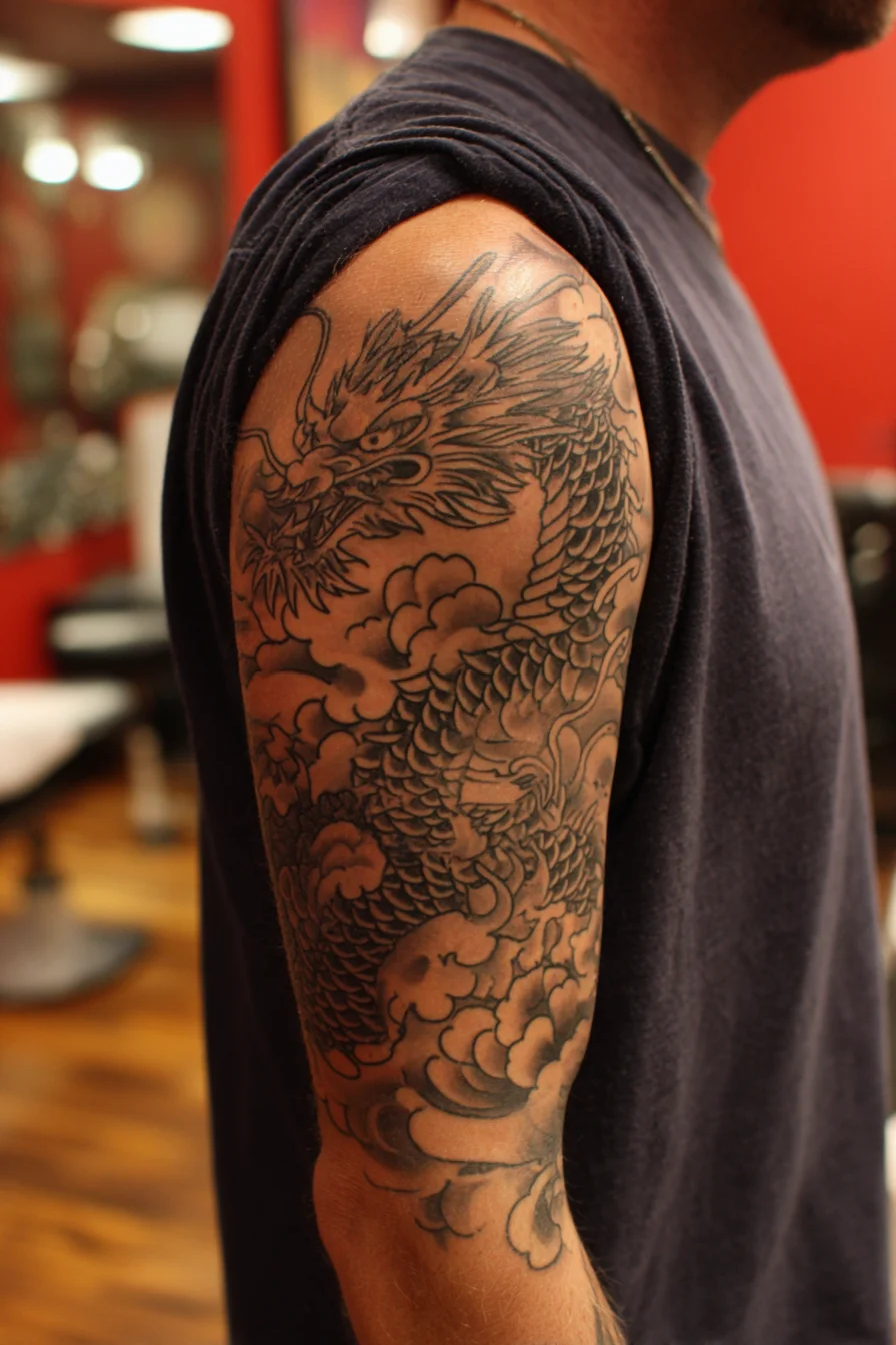Japanese Dragon Upper-Arm Tattoo — Black & Grey Half-Sleeve Design