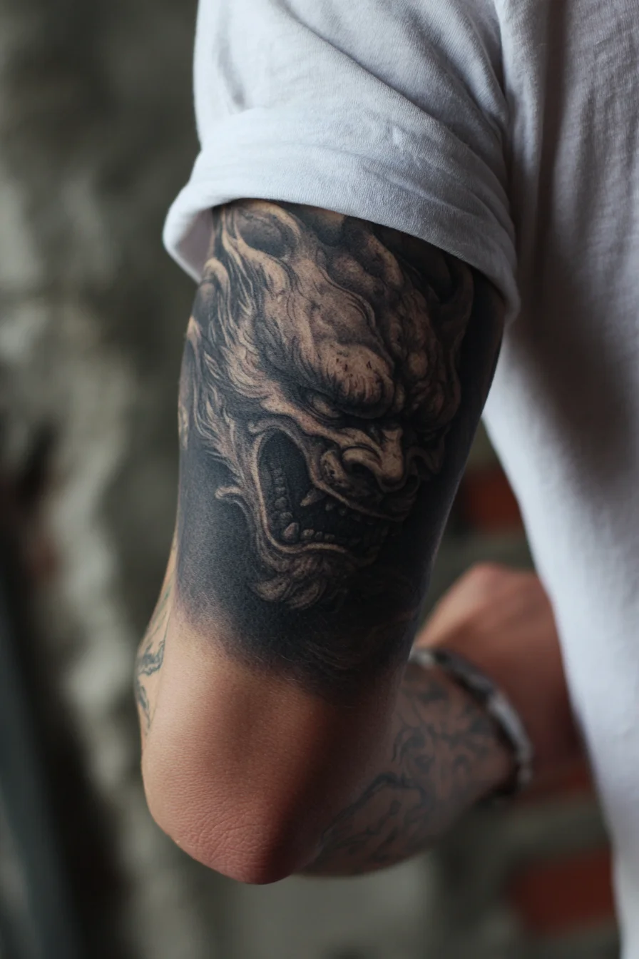 Japanese Oni Demon Blackwork Tattoo — Upper Arm / Outer Elbow Placement