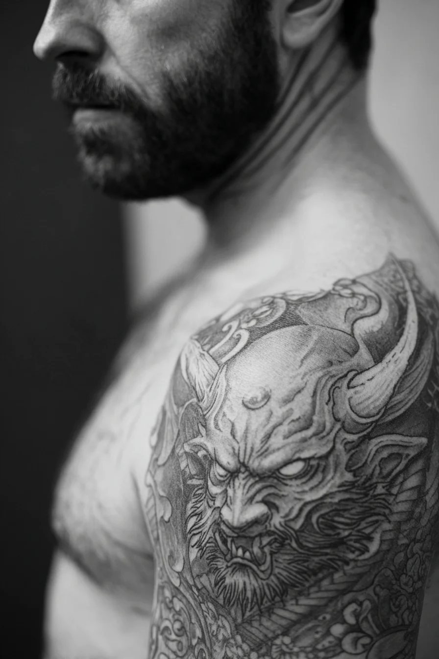 Japanese Oni Demon Half-Sleeve — Black & Grey Shoulder Tattoo