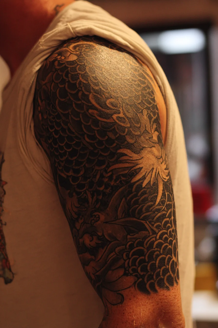 Japanese-Style Scales Half-Sleeve Tattoo — Koi/Dragon Black & Gray