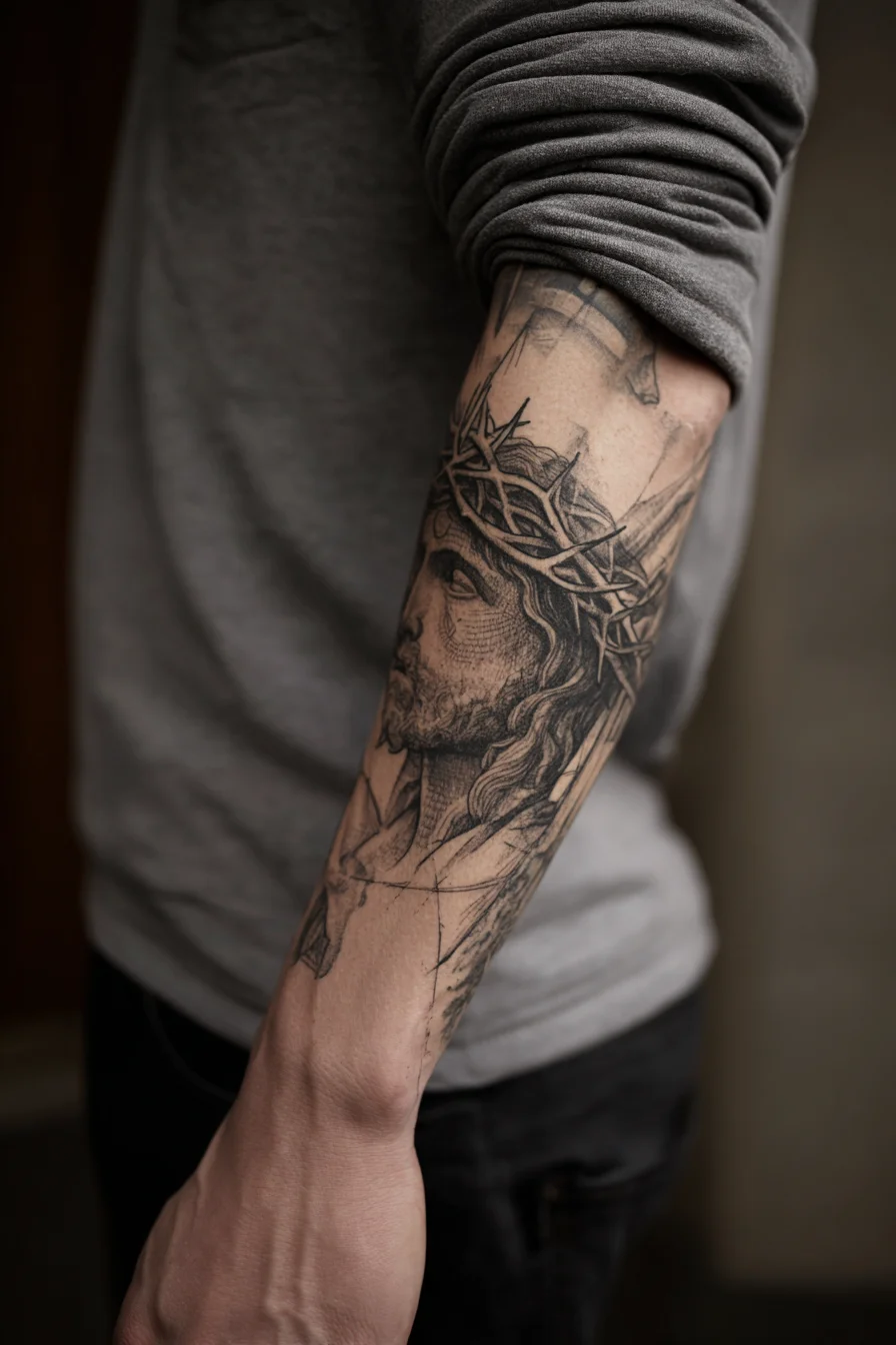 Jesus Portrait Tattoo — Crown of Thorns, Black & Gray Forearm Design