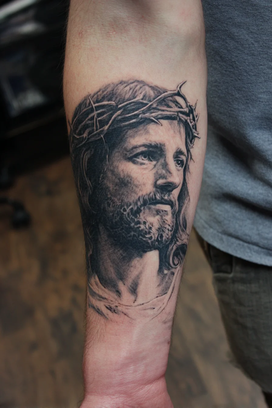 Jesus Portrait with Crown of Thorns — Black & Grey Realism Forearm Tattoo