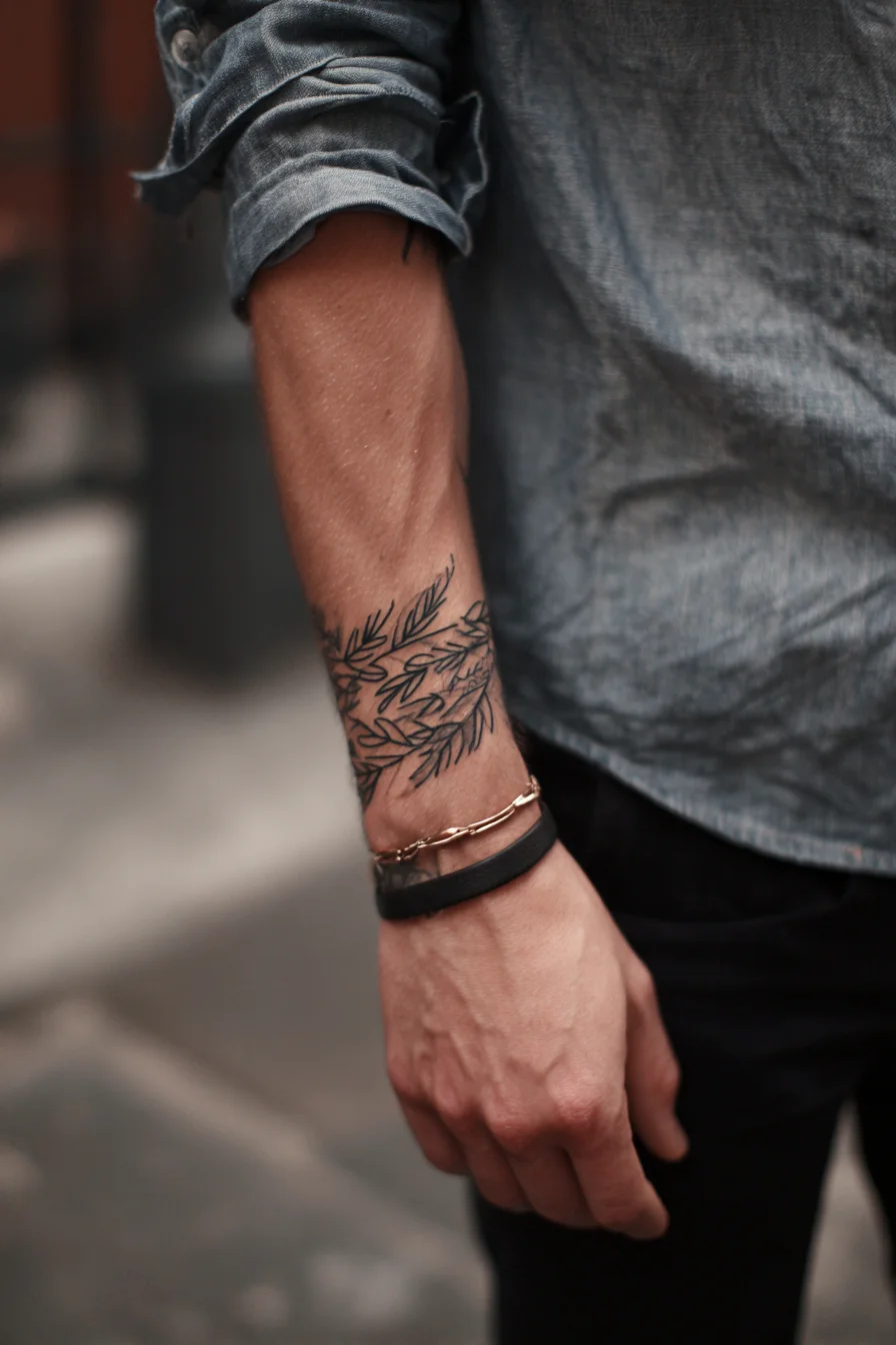 Laurel Leaf Wrist Band Tattoo — Minimal Botanical Forearm Band for Men