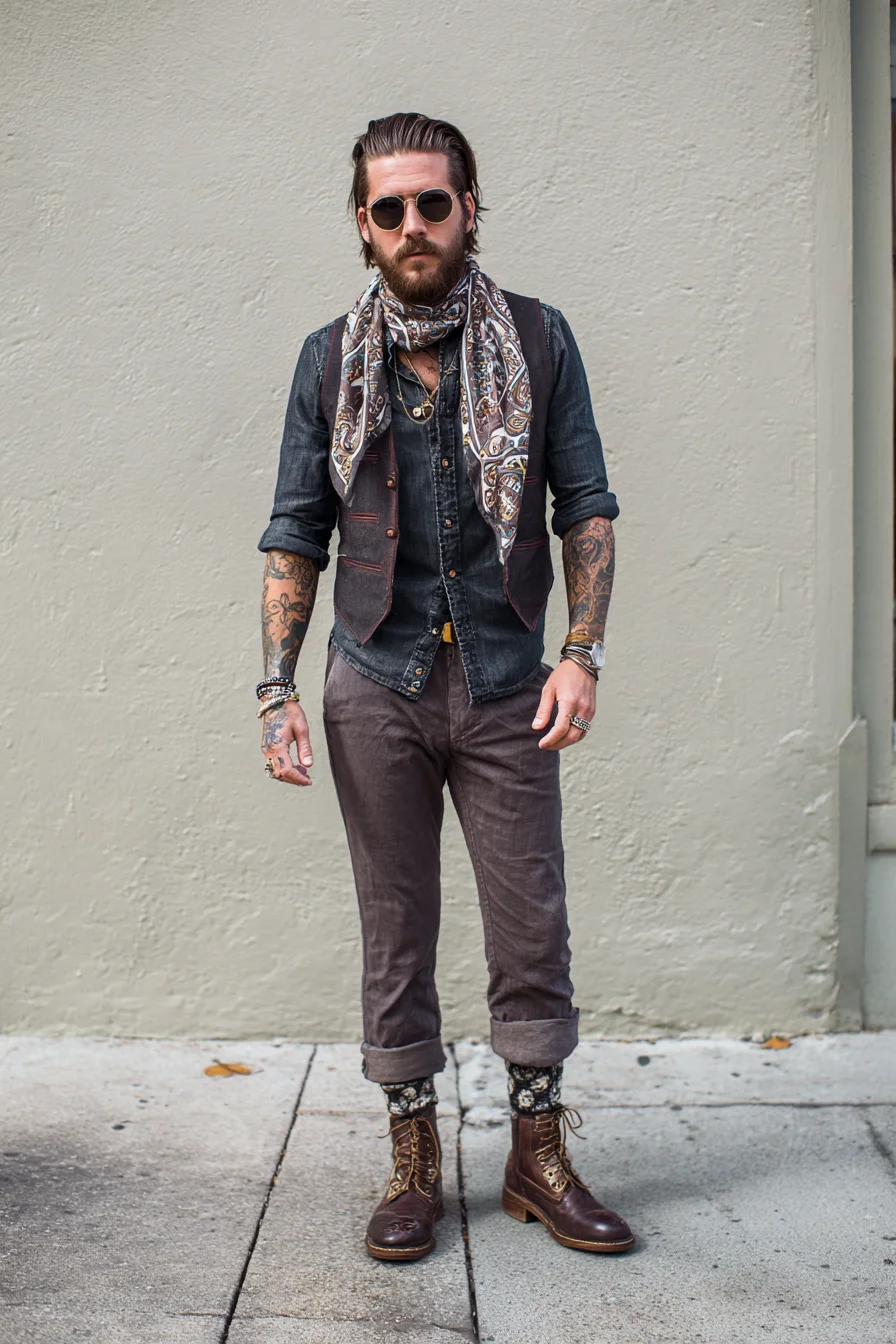 Layered Casual-Boho Mens Outfit — Vest, Patterned Scarf & Leather Boots