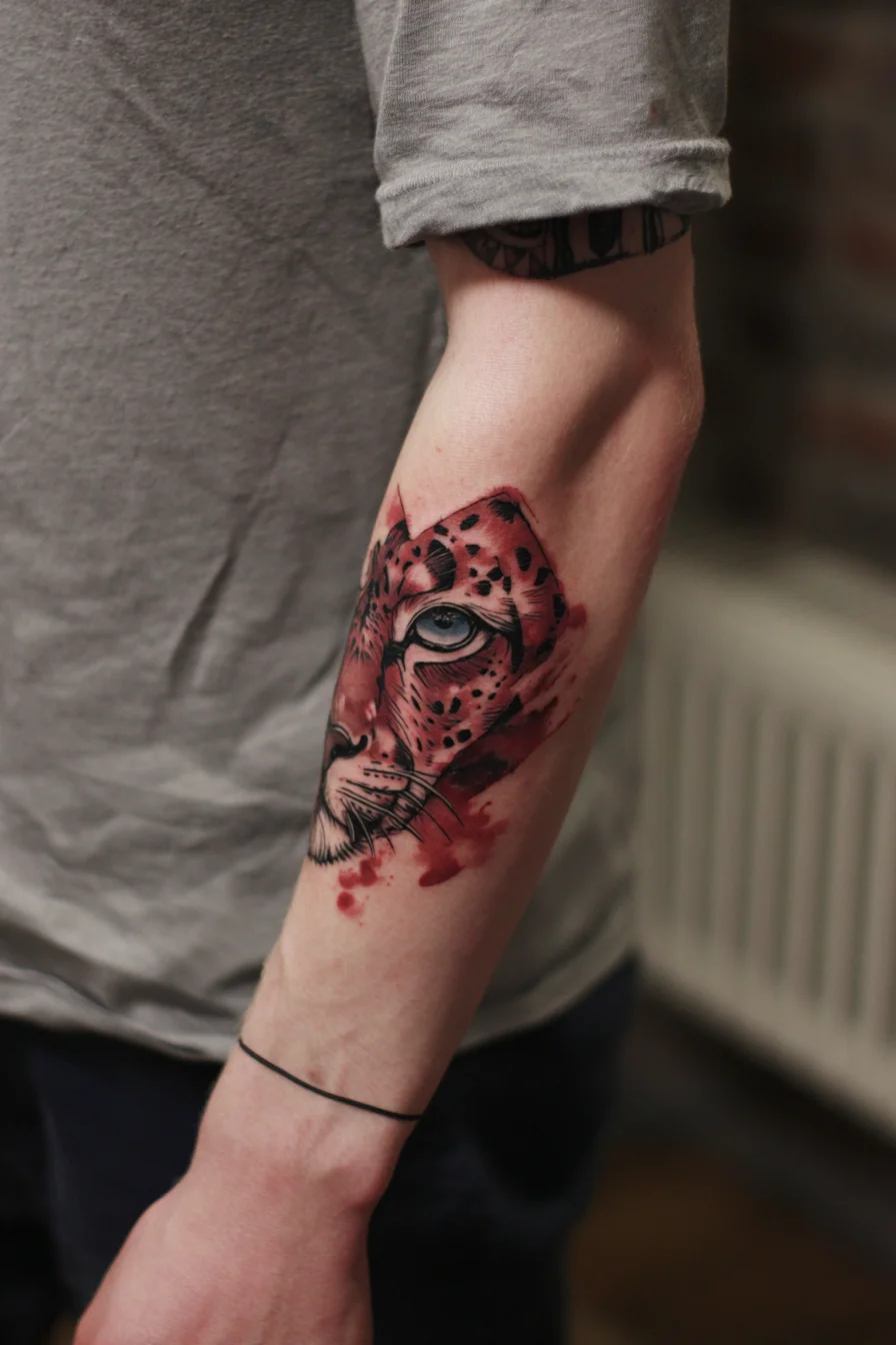 Leopard Portrait Forearm Tattoo — Watercolor Realism