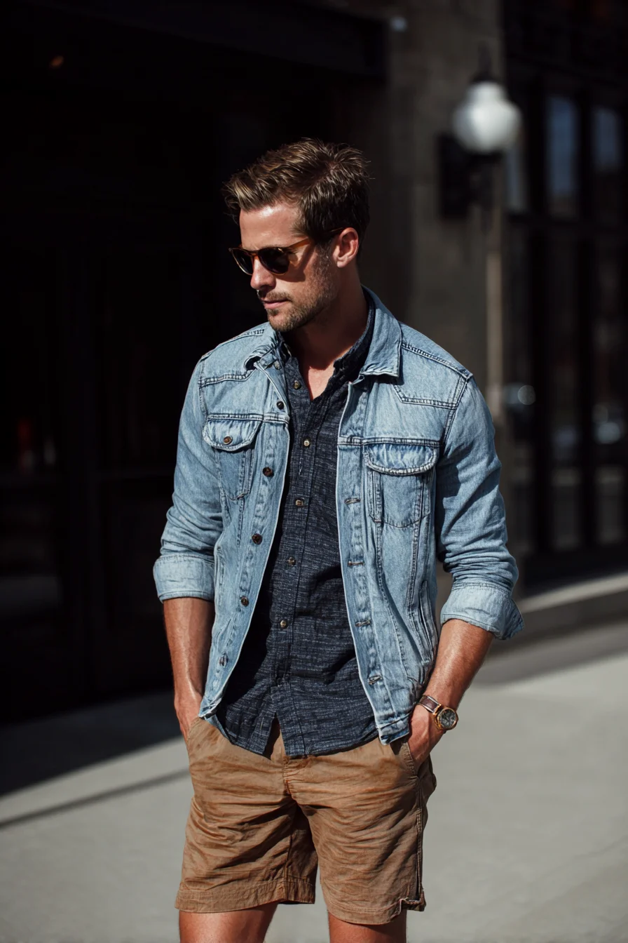 Light-Wash Denim Jacket, Navy Shirt & Tan Shorts — Modern Casual Weekend Style