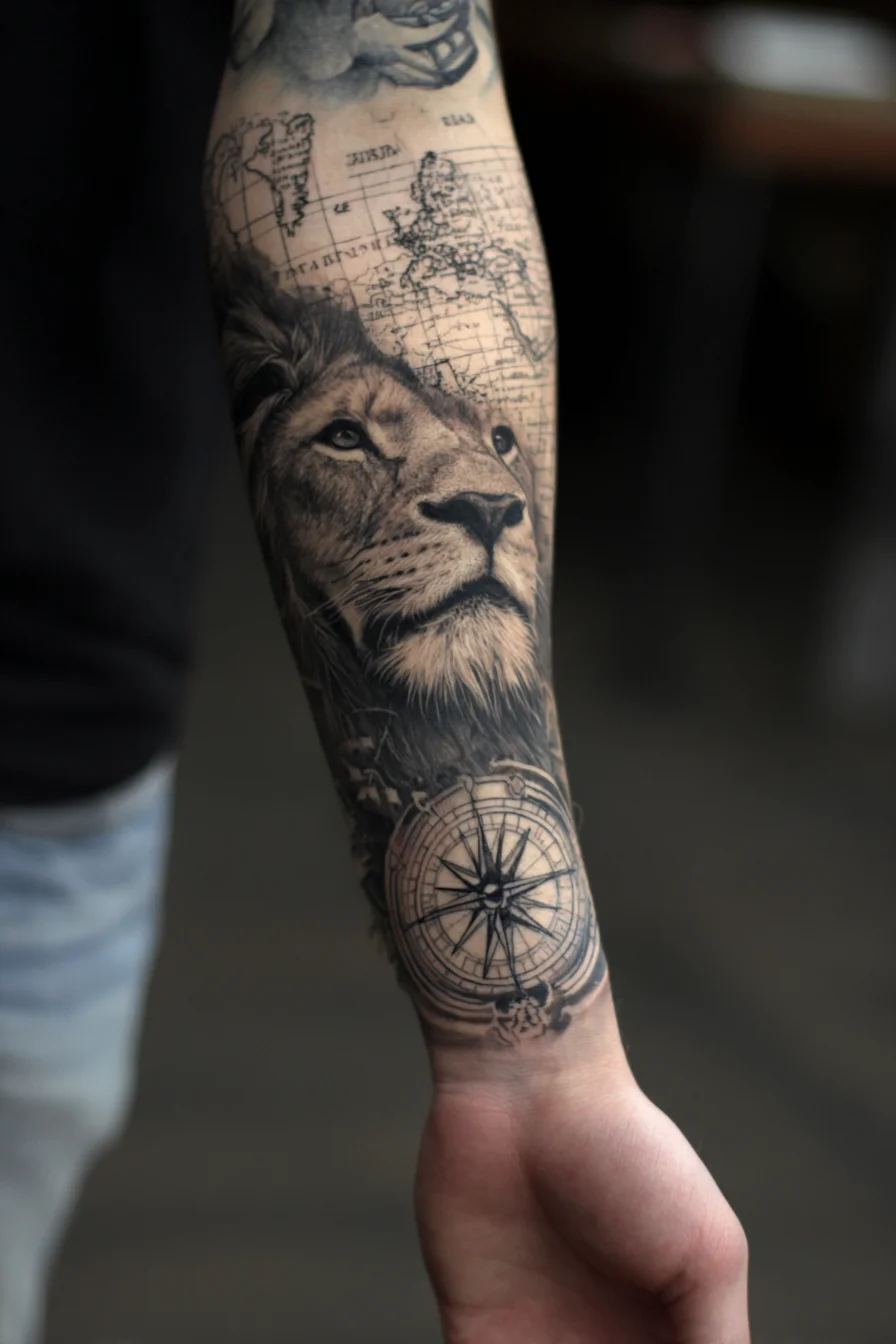 Lion and Compass Forearm Tattoo — Black & Grey Realism, Nautical Map