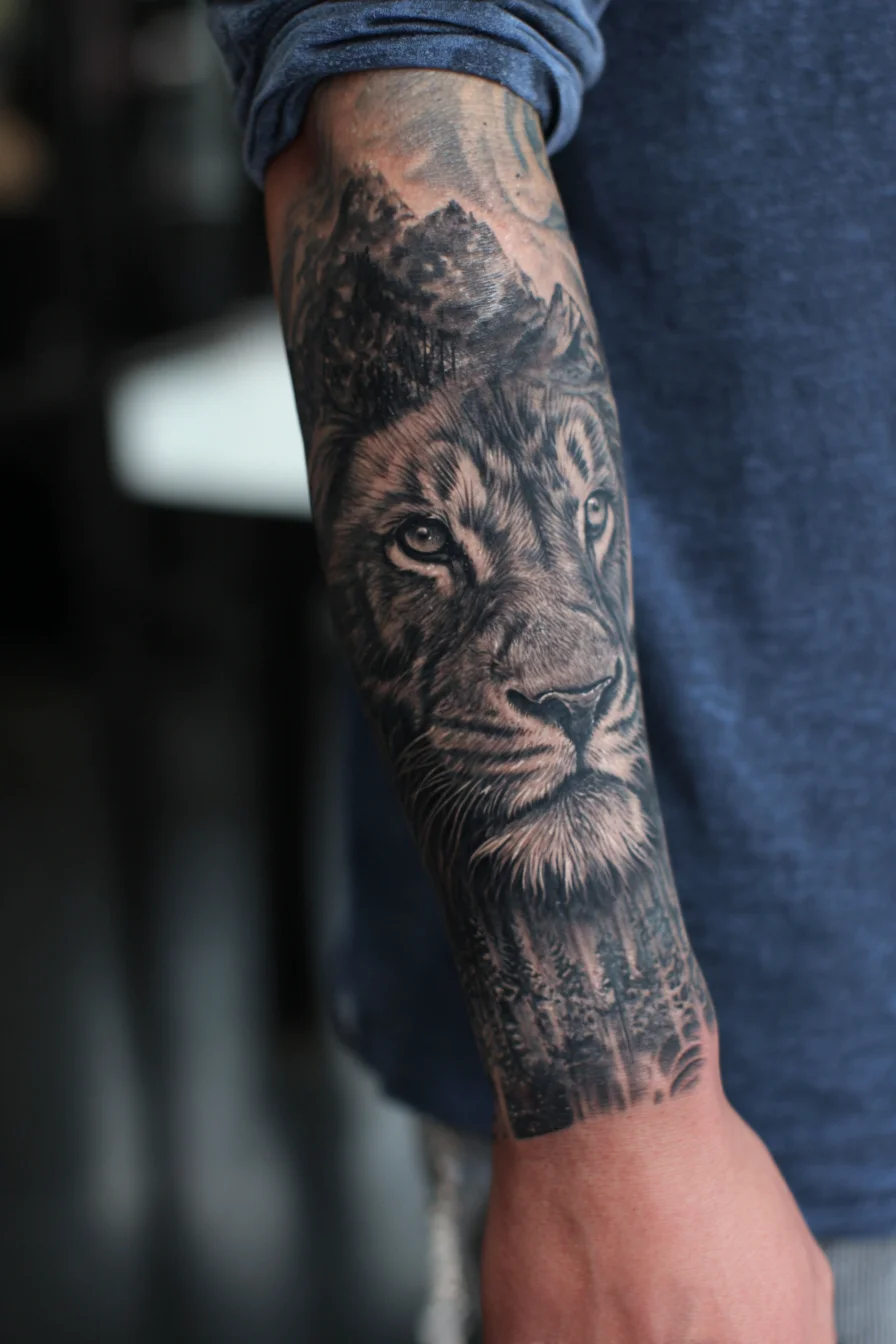 Lion Forearm Sleeve Tattoo — Realism, Mountains & Forest Motif