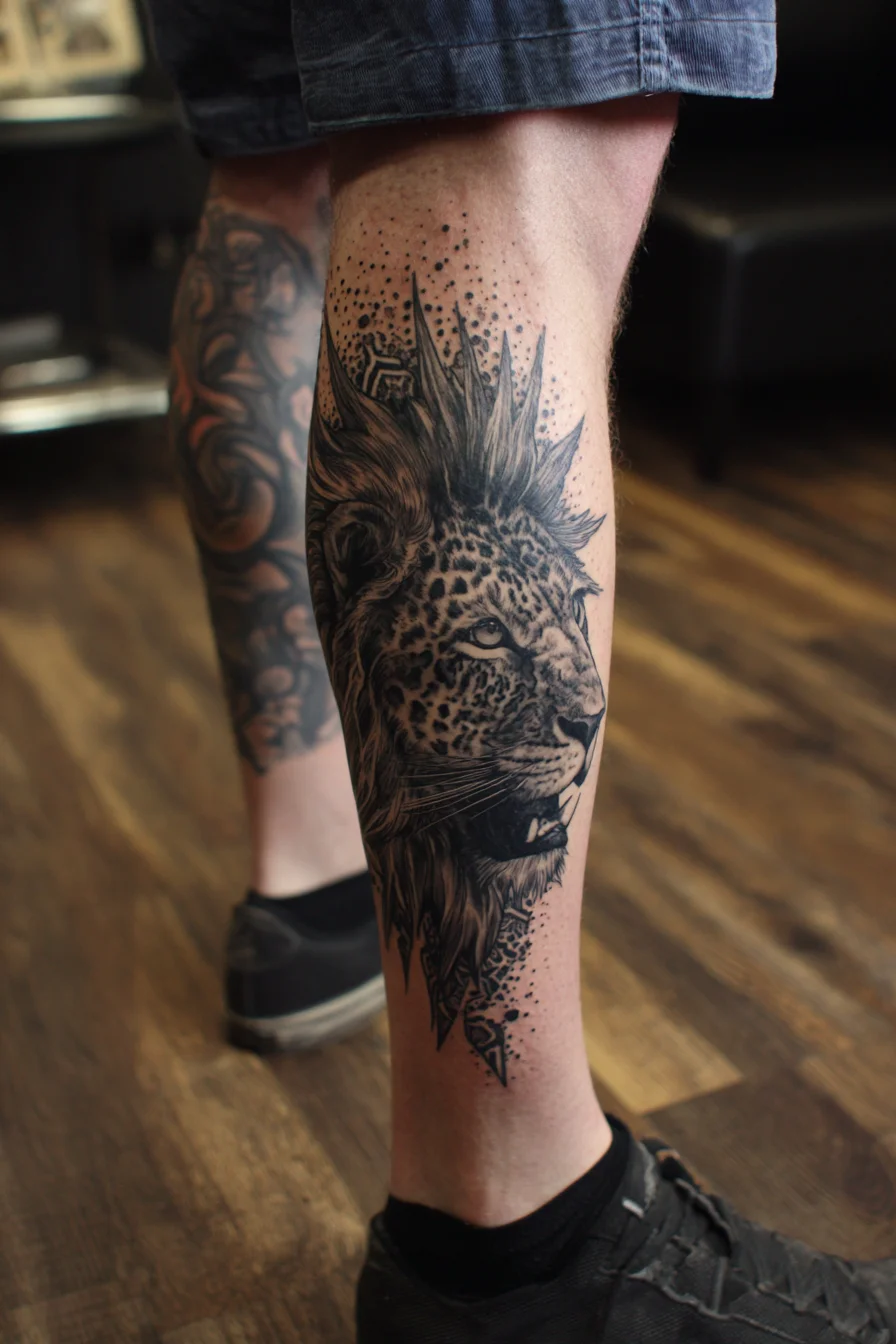 Lion-Leopard Calf Tattoo — Black & Grey Realism with Dotwork