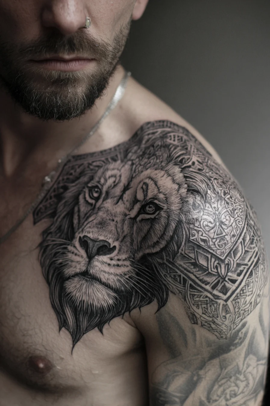 Lion Shoulder & Chest Tattoo — Realistic Black & Grey Masculine Deltoid Design