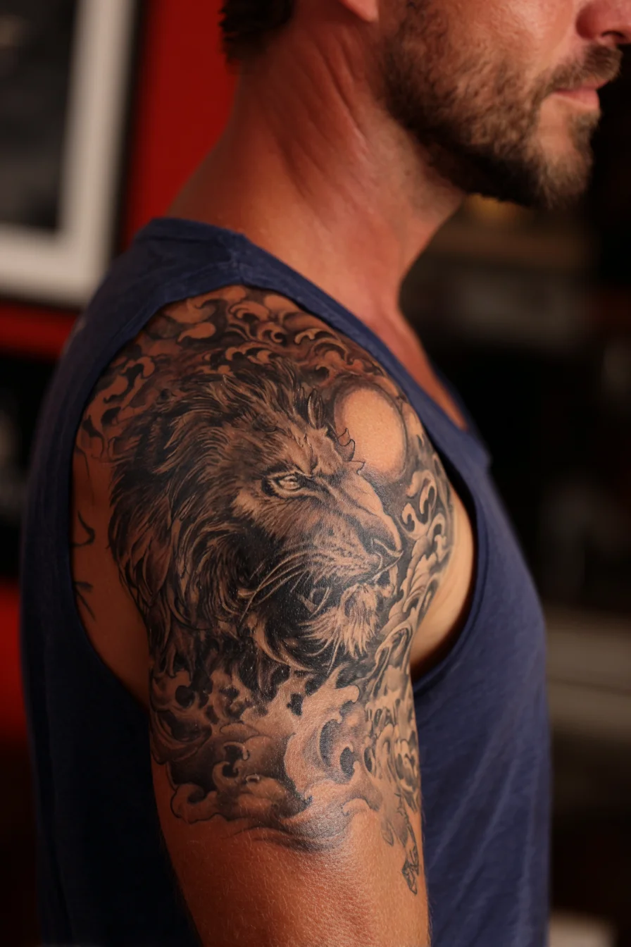 Lion Shoulder Tattoo — Black & Gray Realism Half-Sleeve