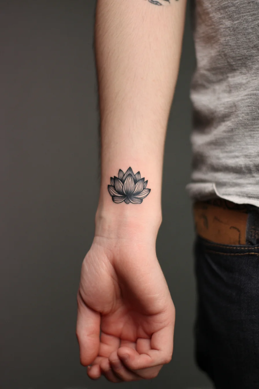 Lotus Wrist Tattoo — Fine-Line Floral Forearm Design for Men