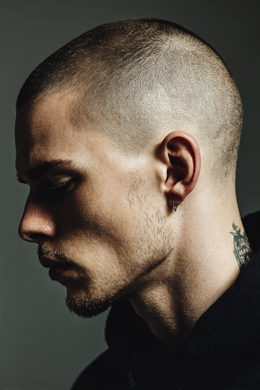 Low Buzz Cut with Tapered Sides — Modern Mens Skin-Short Crop