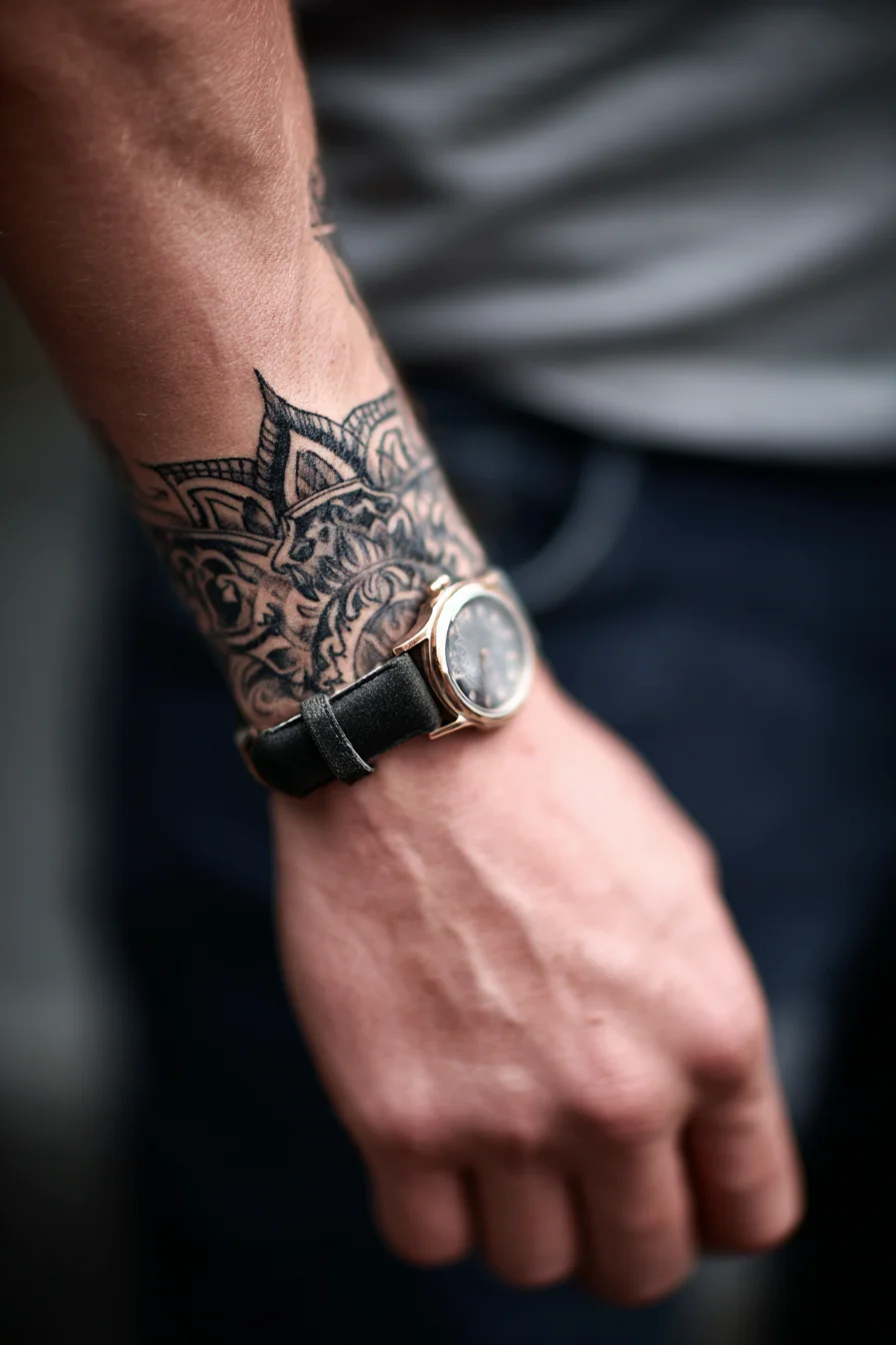 Mandala Blackwork Wrist Cuff Tattoo — Ornamental Forearm Band