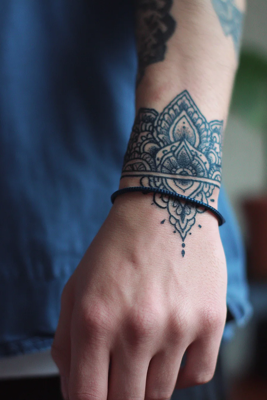 Mandala Wristband Tattoo — Ornamental Dotwork Wrist & Hand Design