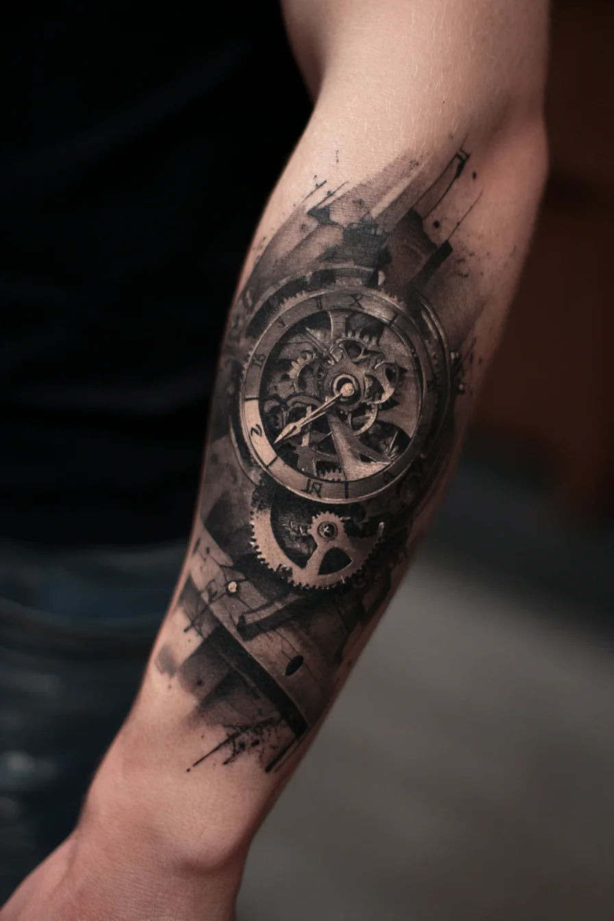 Mechanical Clock & Gears Forearm Tattoo — Blackwork Realism