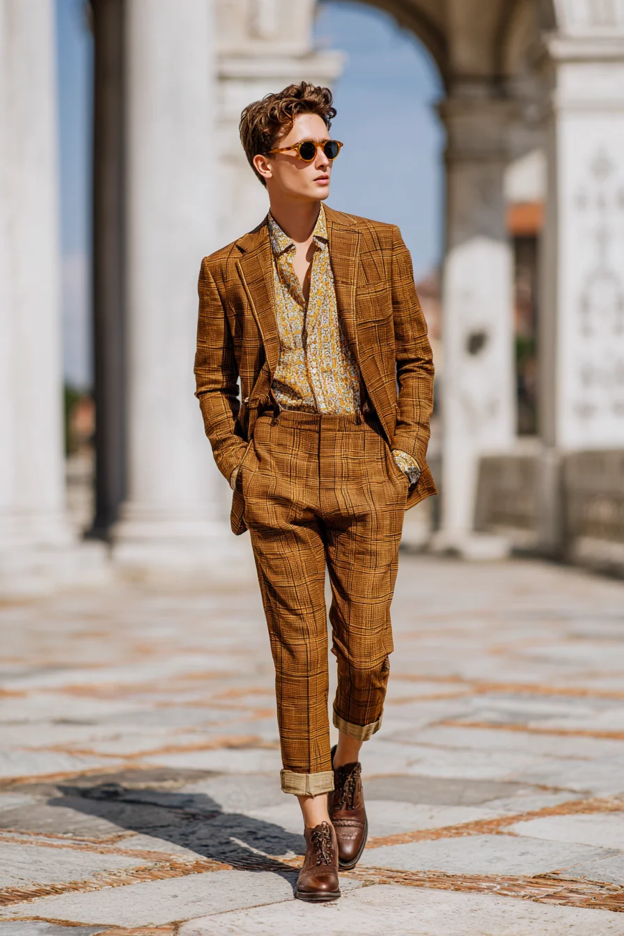 Mens Brown Plaid Suit with Floral Shirt — Modern Smart-Casual Styling