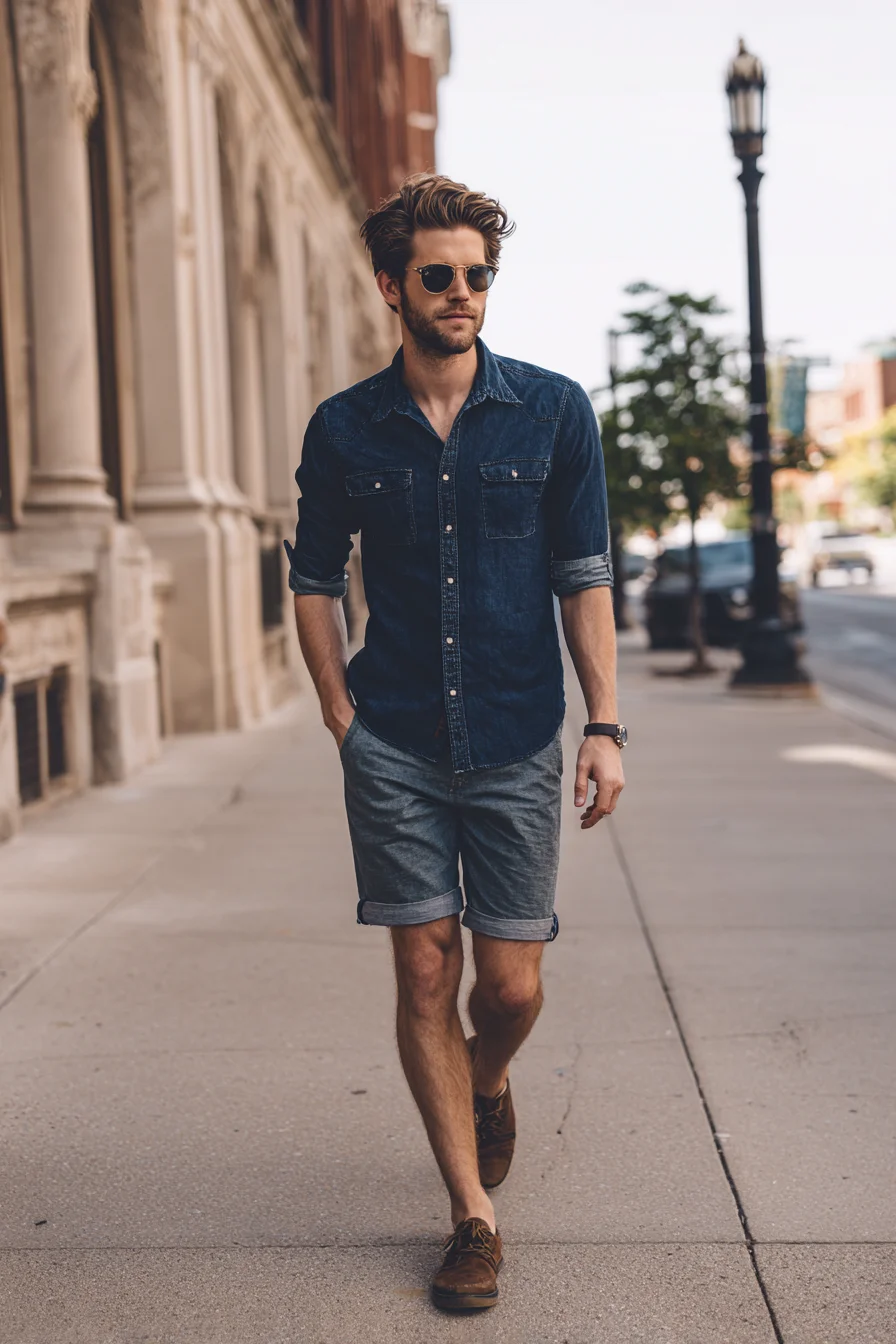 Mens Casual Smart: Indigo Denim Shirt with Gray Shorts and Brown Suede Shoes