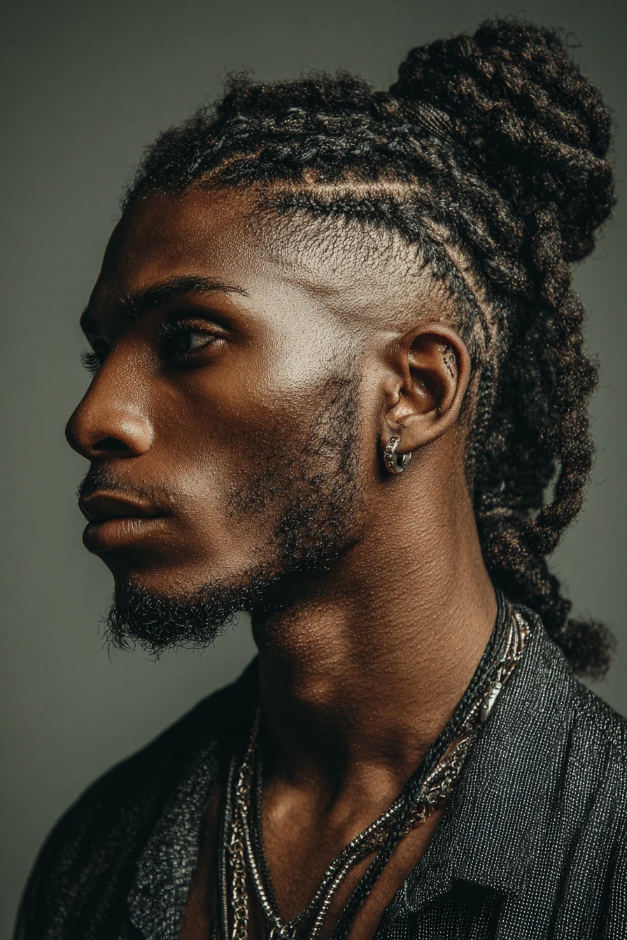 Mens Cornrow Top Knot with Tapered Sides