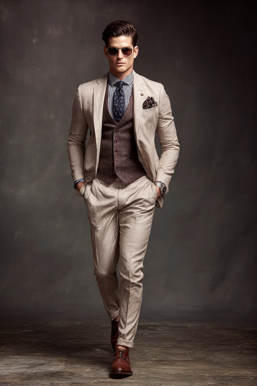Mens Light Beige Linen Suit with Brown Waistcoat — Modern Smart-Casual Styling