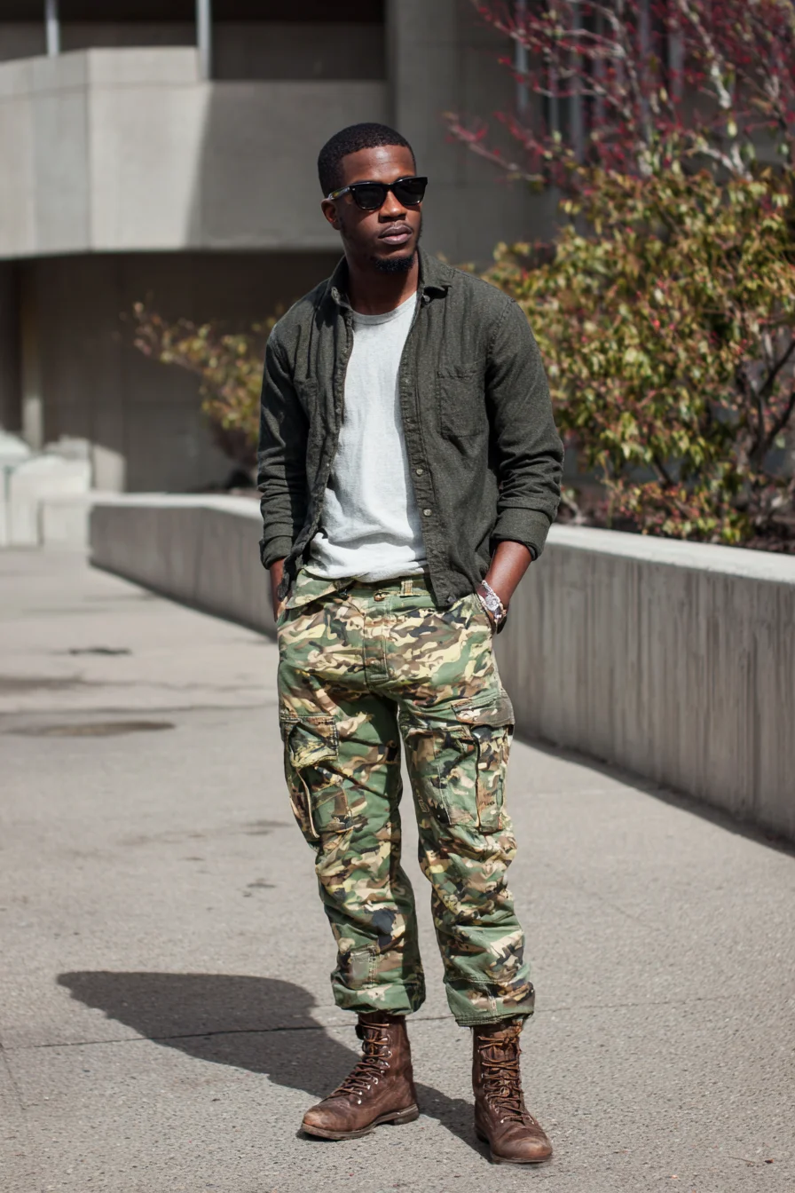 Mens Military-Inspired Casual: Camo Cargo Pants, Olive Shirt & Combat Boots
