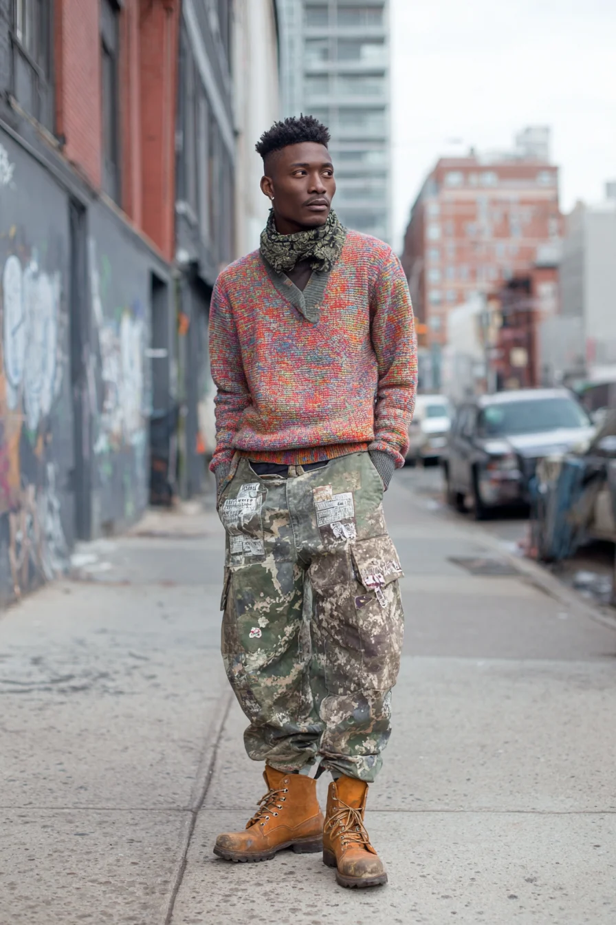 Mens Streetwear: Textured Multicolor Knit with Camo Cargo & Work Boots