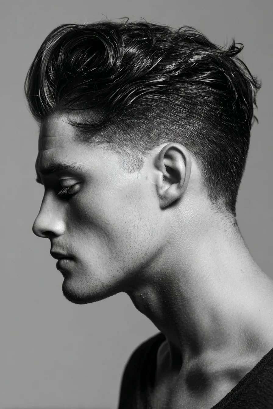 Mens Textured Pompadour with Tapered Skin Fade