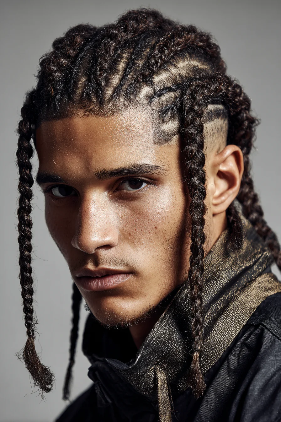 Mens Tight Cornrows with Shaved Side Design and Long Braids