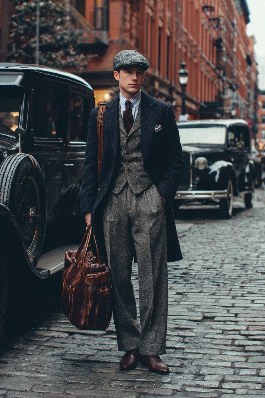 Mens Tweed Three-Piece with Overcoat — Smart Vintage-Inspired Autumn Outfit