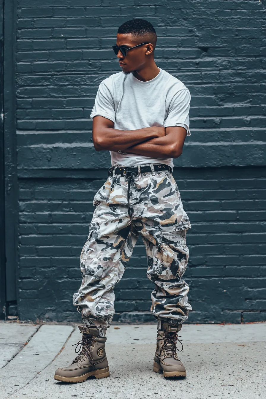 Mens Urban Street Style: Camo Cargo Pants, White Tee & Combat Boots