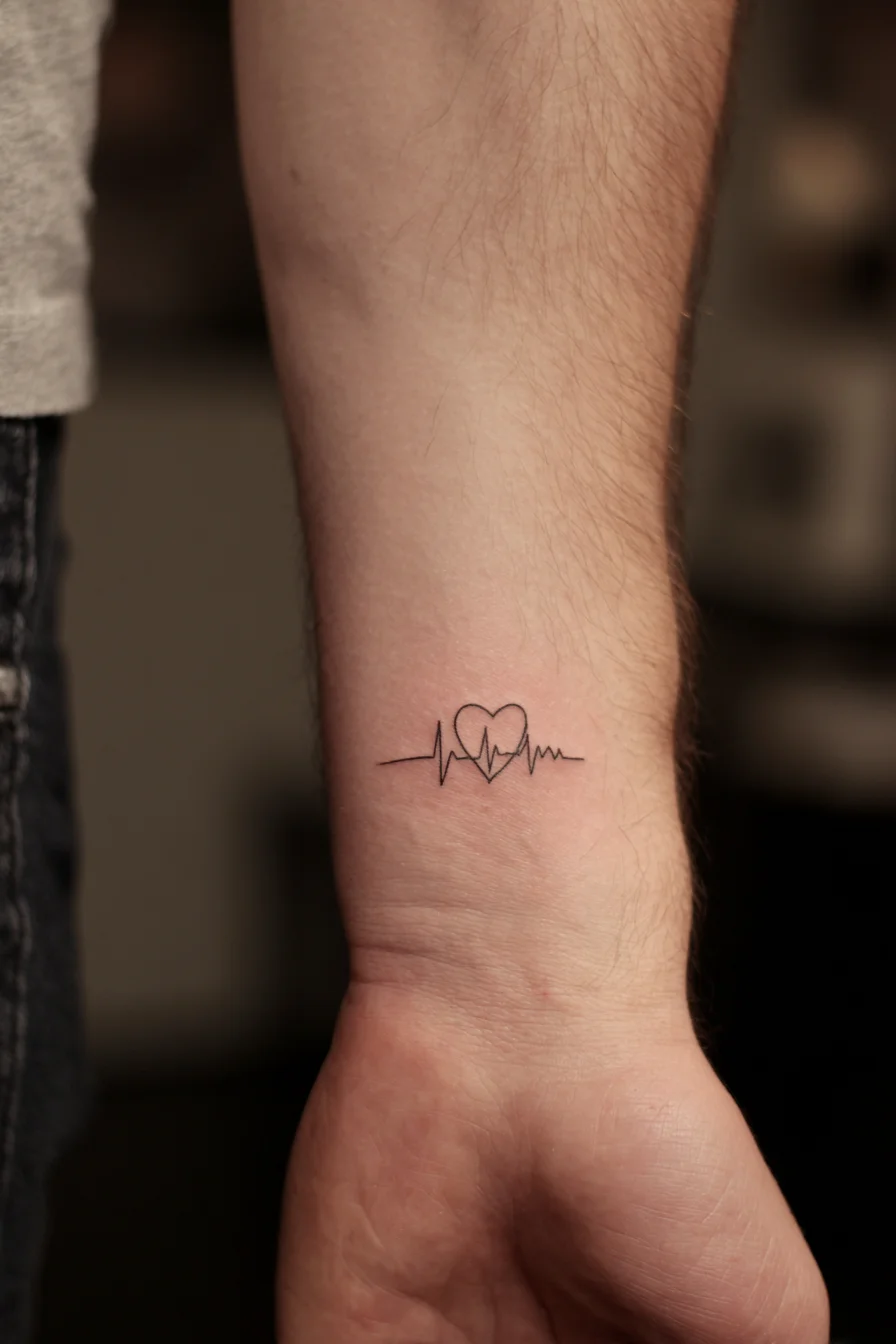 Minimal EKG Heartbeat Wrist Tattoo — Small Linework Heart & Pulse