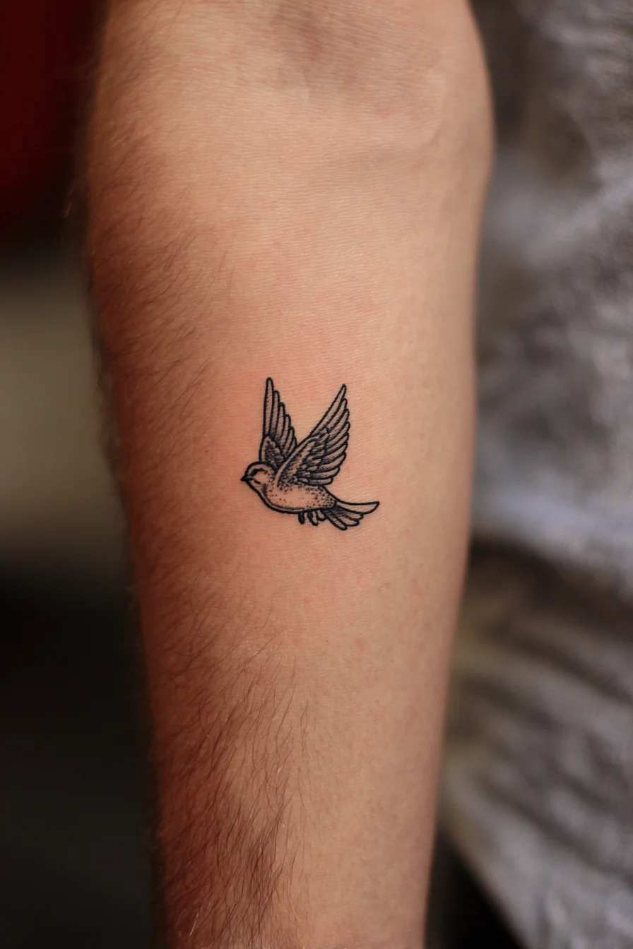 Minimal Flying Sparrow Tattoo — Small Blackwork Bird for Forearm