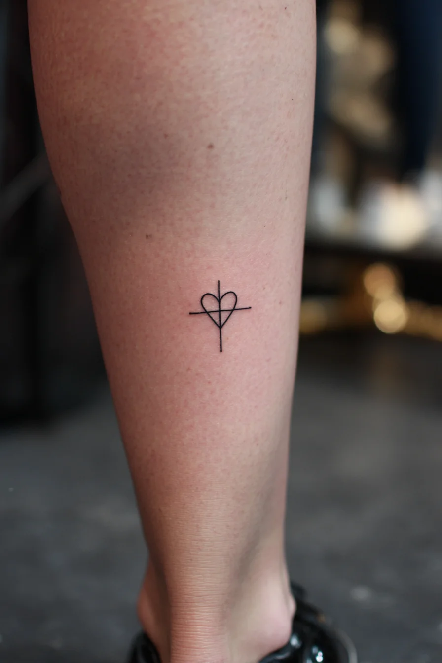 ## Minimal Heart-Cross Line Tattoo — Calf & Forearm Placement