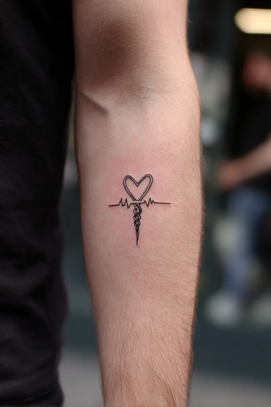 Minimal Heartbeat & Medical Staff Forearm Tattoo — Heartbeat Linework Design