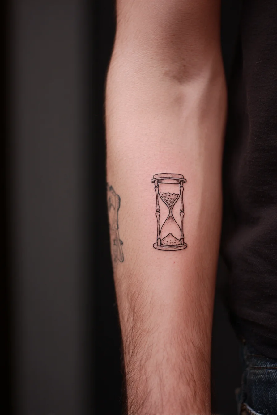 Minimal Hourglass Tattoo — Fine-Line Forearm Timepiece Design