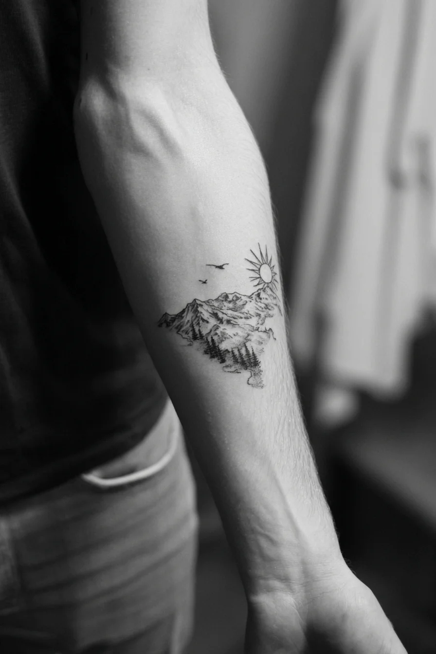Minimalist Mountain Landscape Forearm Tattoo — Fine‑Line Sun & Birds