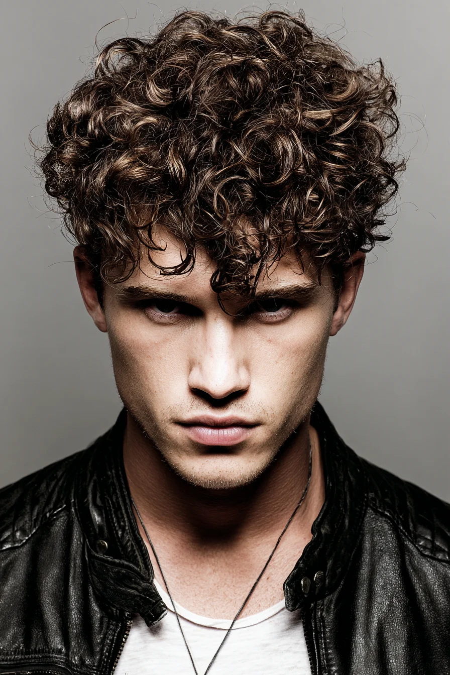 Modern Mens Curly Textured Fringe — Voluminous Top, Tapered Sides