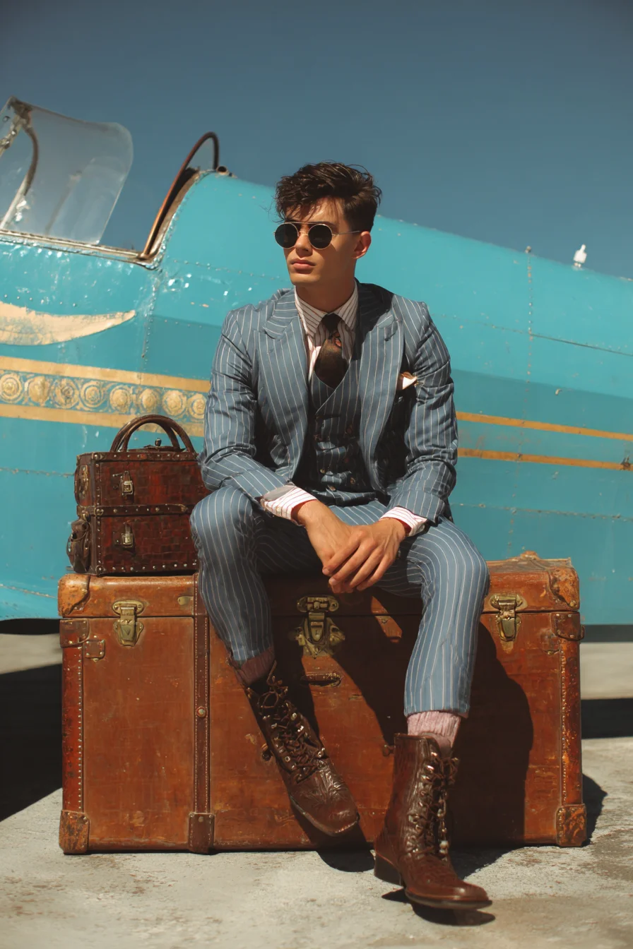 Modern Mens Pinstripe Suit — Tailored Three-Piece with Leather Boots