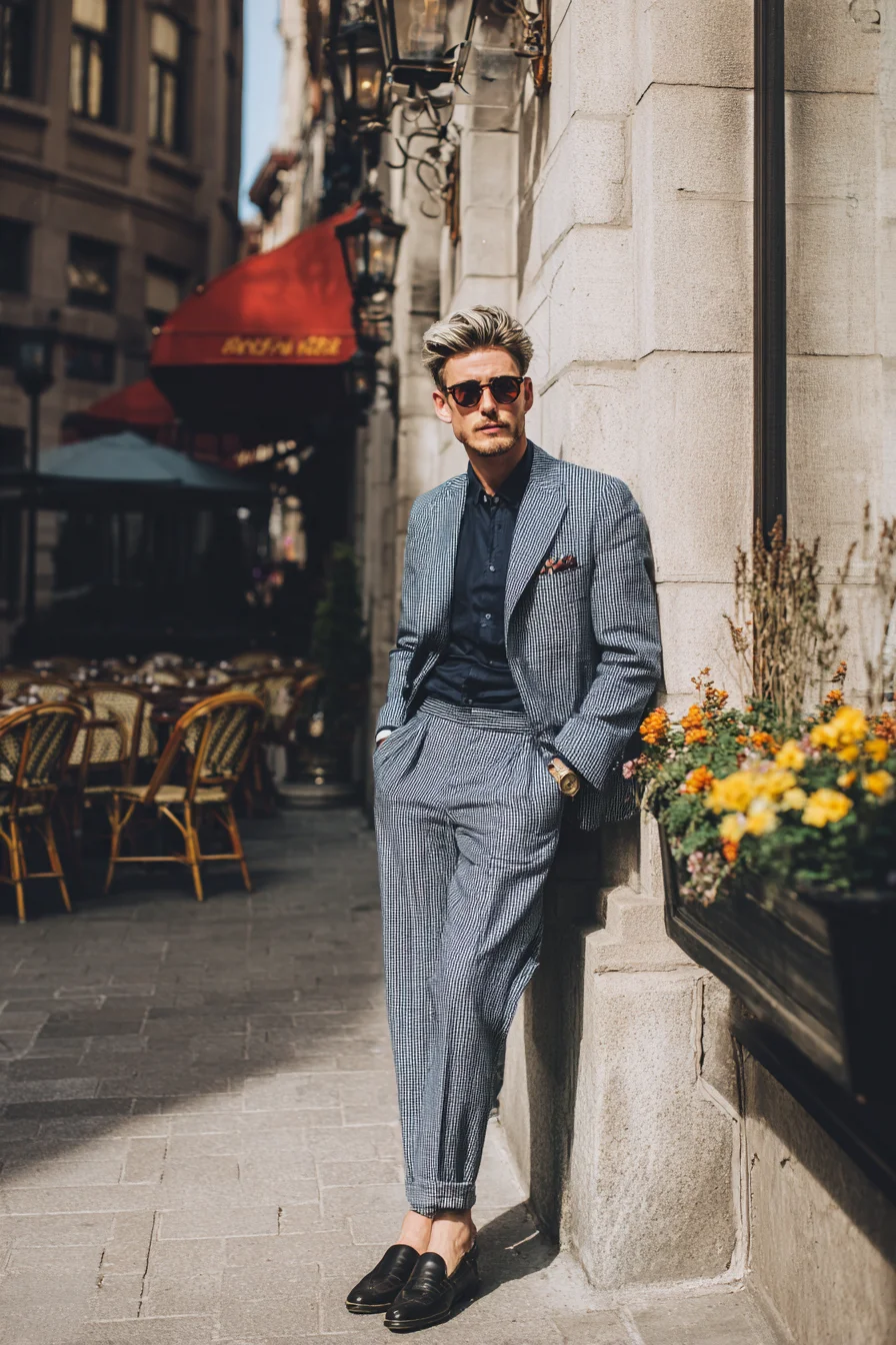 Modern Smart-Casual: Checked Suit, Navy Shirt & Loafers for City Style