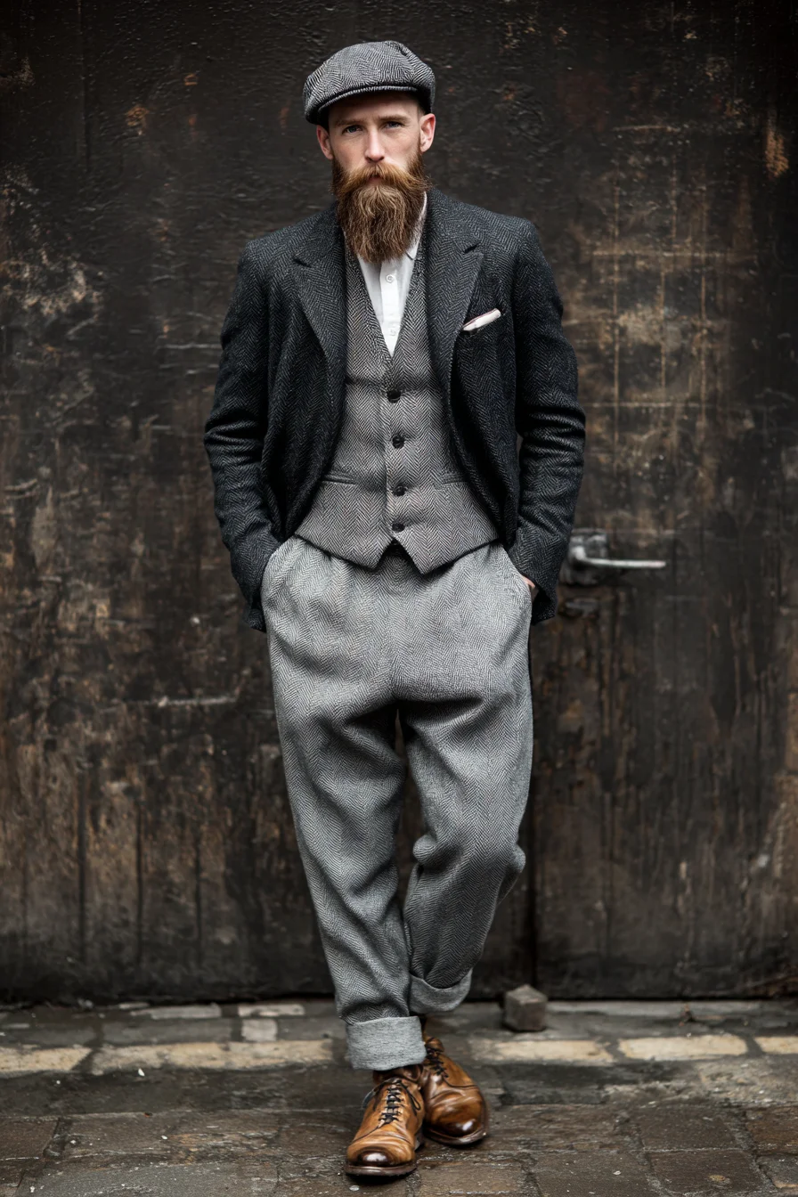Modern Tweed Ensemble: Waistcoat, Flat Cap & Relaxed Trousers for Smart-Casual Style