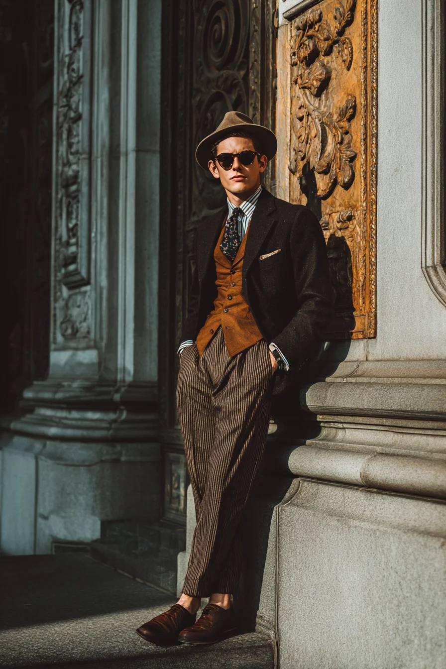 Modern Vintage Mens Suiting: Tweed Blazer, Rust Waistcoat & Pinstriped Trousers