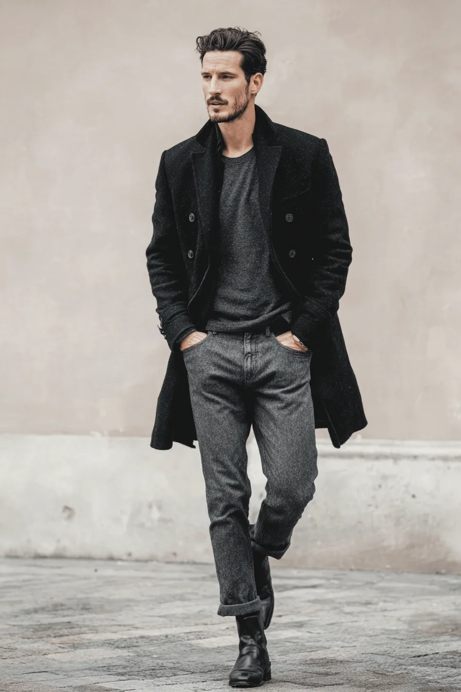 Monochrome Smart-Casual: Wool Overcoat with Grey Knit & Boots