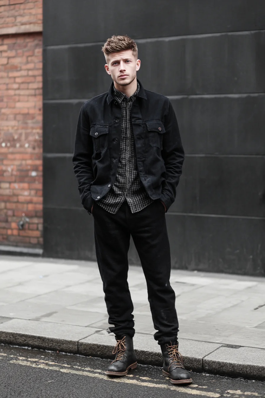Monochrome Urban Layering: Black Chore Jacket, Checked Shirt & Lace-Up Boots