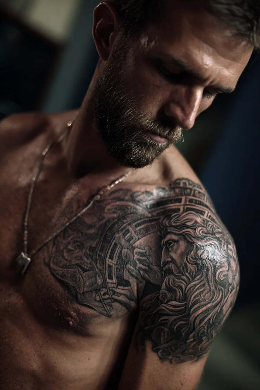 Mythic Greek-God Shoulder-Chest Tattoo — Black & Grey Realism