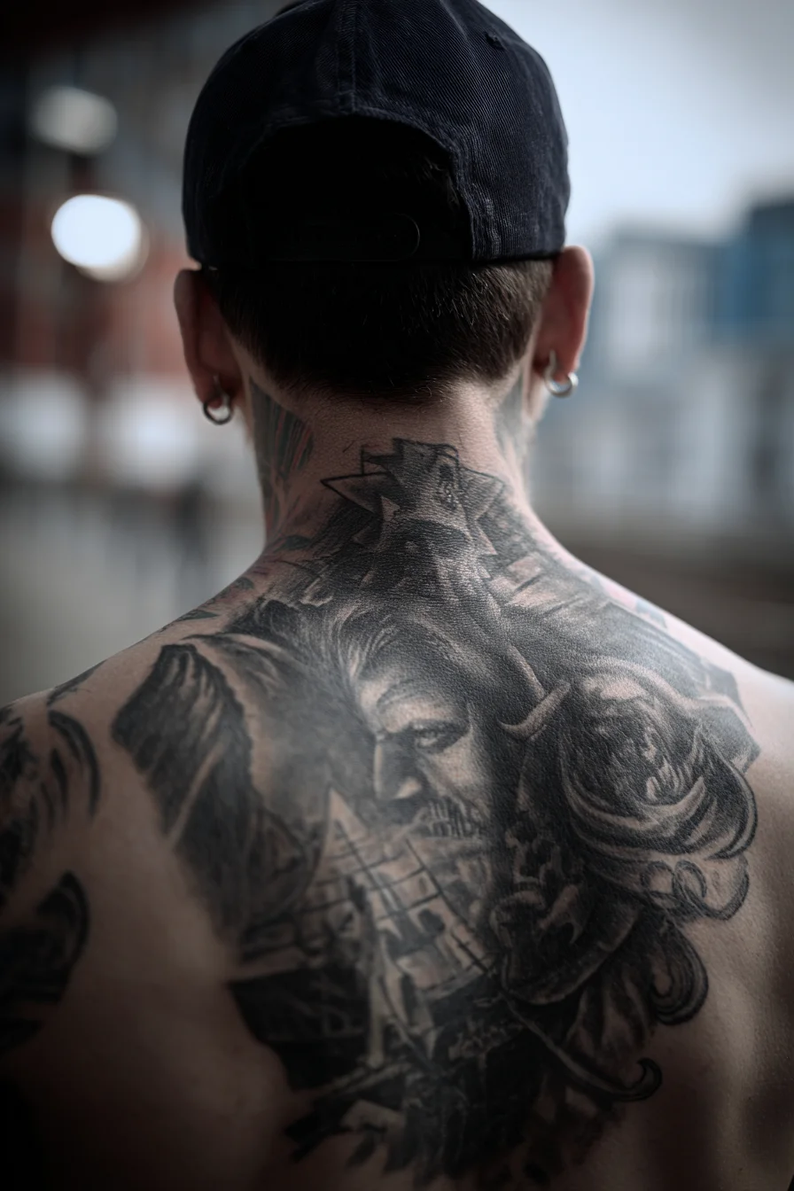 Nape-to-Upper Back Viking Warrior Tattoo — Black & Gray Ship Portrait