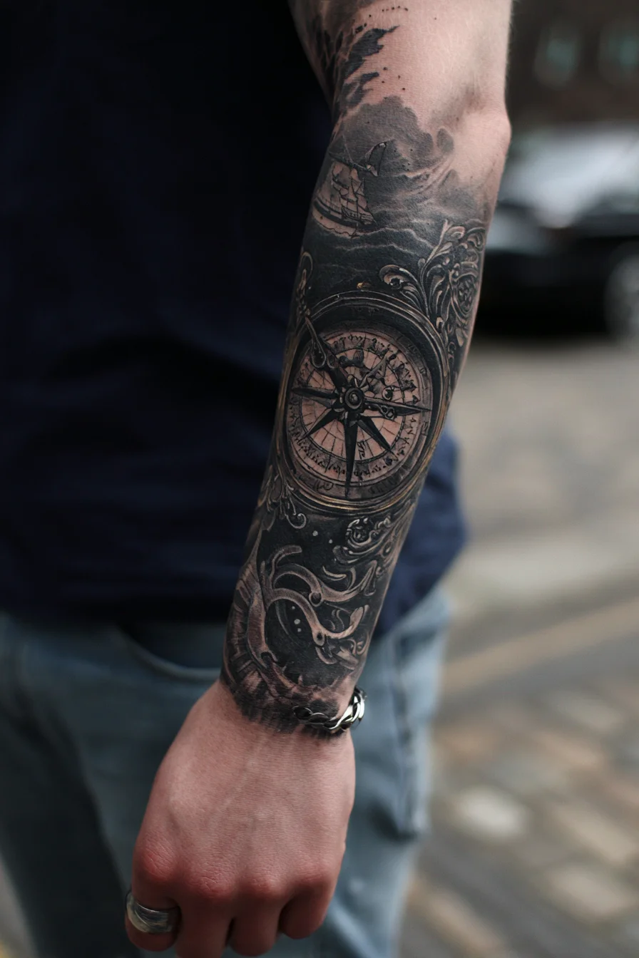 Nautical Compass Forearm Sleeve Tattoo — Compass, Ship & Ocean Waves