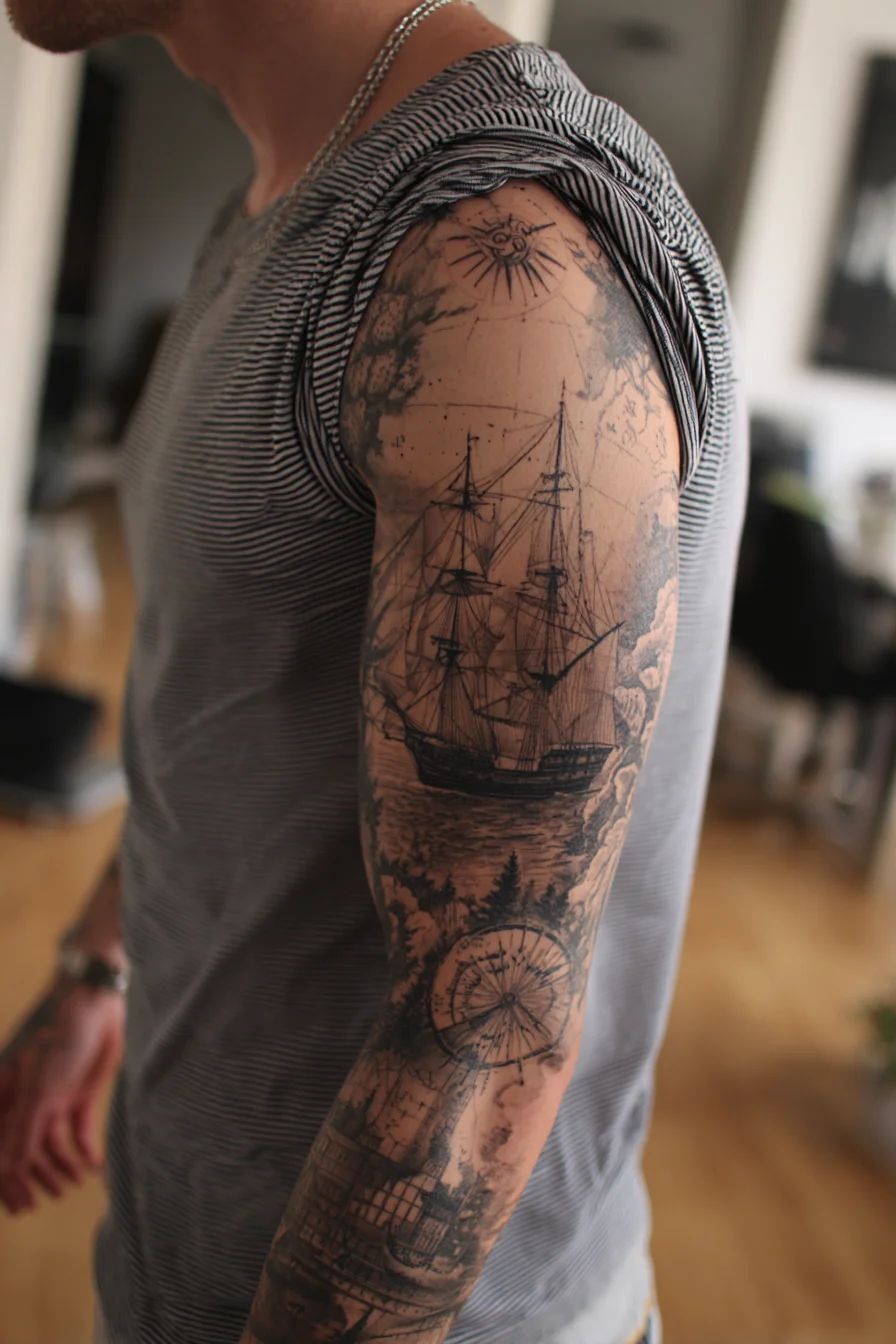 Nautical Ship Sleeve Tattoo — Tall Ship, Compass & Vintage Map