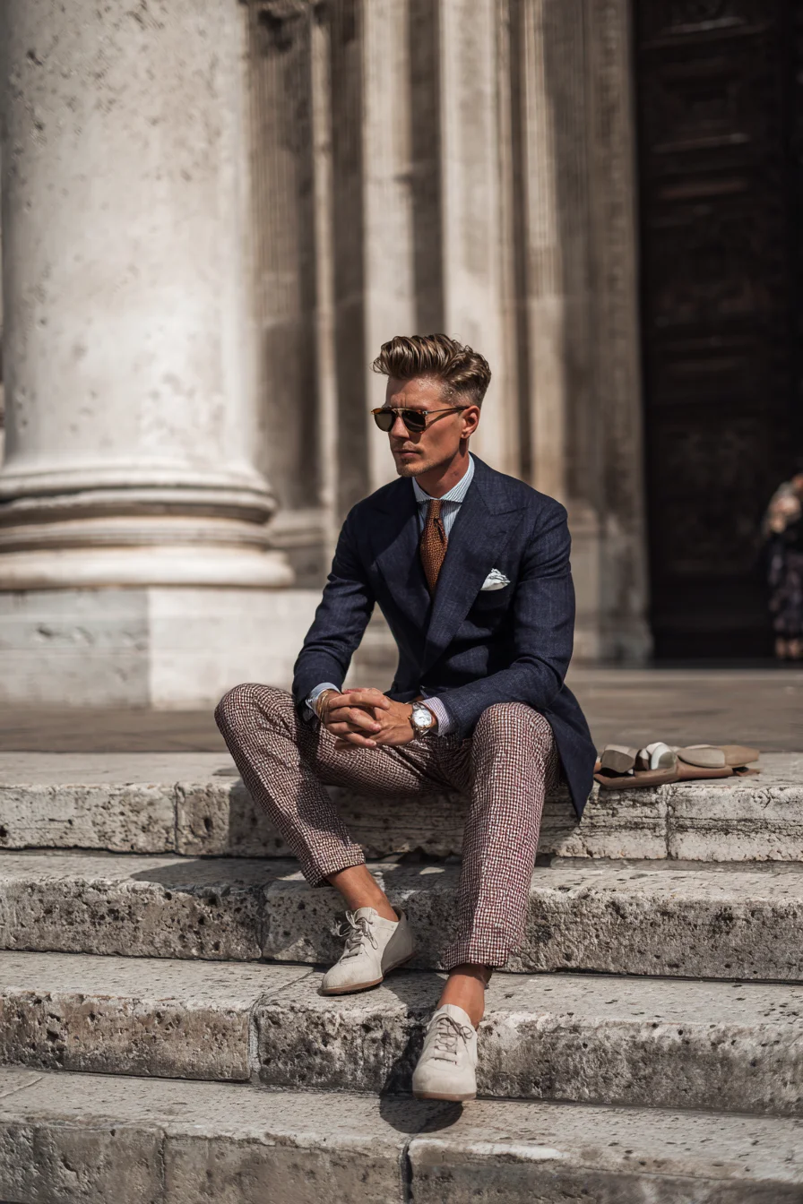 Navy Blazer with Patterned Trousers — Modern Smart-Casual Mens Styling
