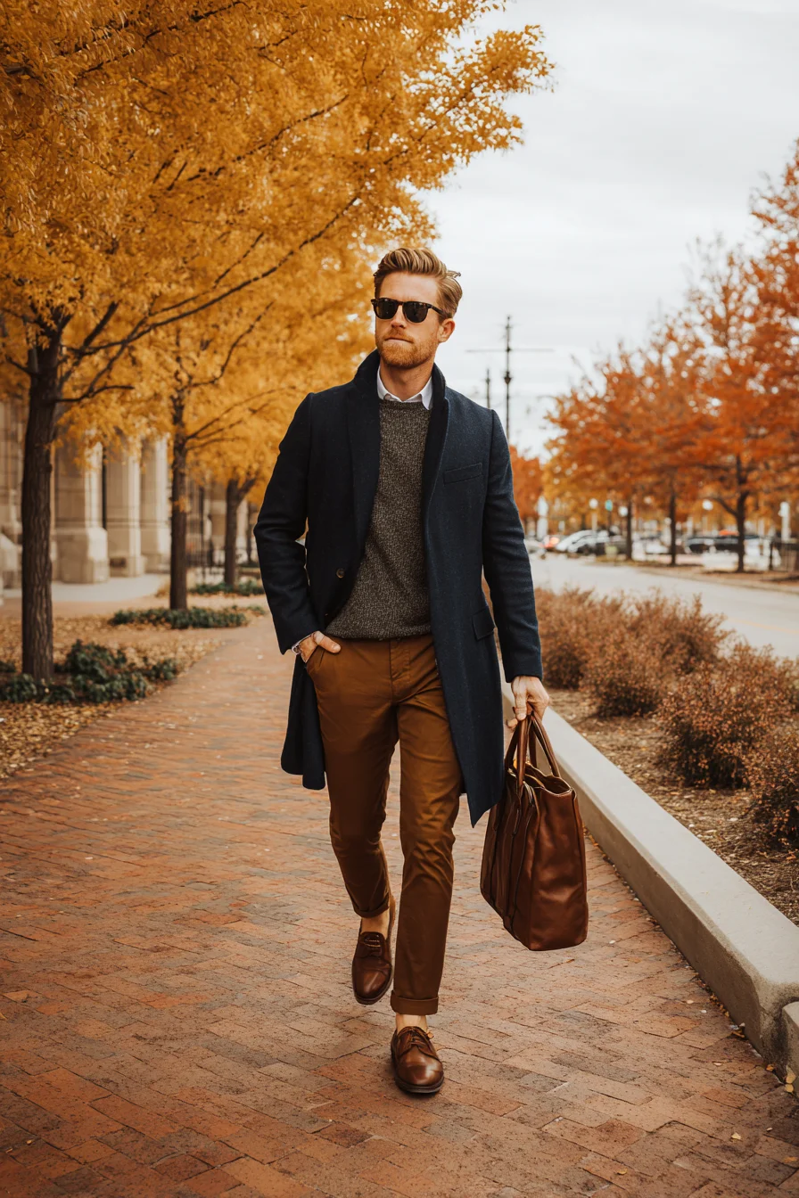 Navy Overcoat and Cognac Chinos — Smart Casual Mens Fall Outfit