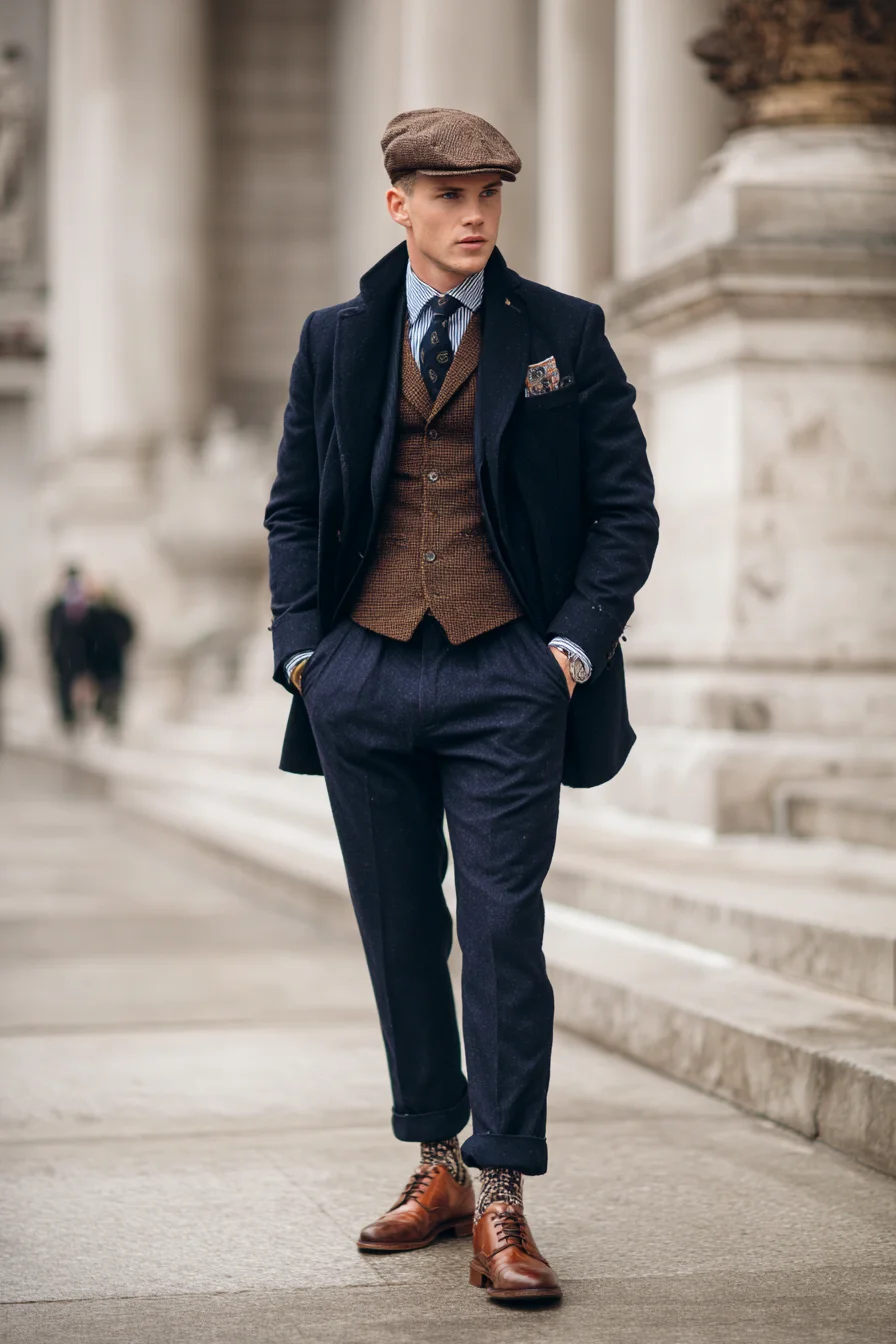 Navy Overcoat, Tweed Waistcoat & Brown Brogues — Smart Casual Menswear